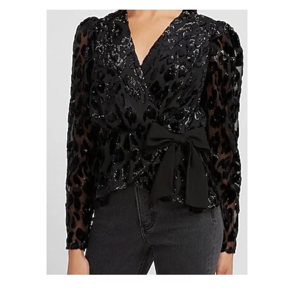 Express Black Wrap Leopard Blouse With Sheer Sleeves And Velvet Accents Size M